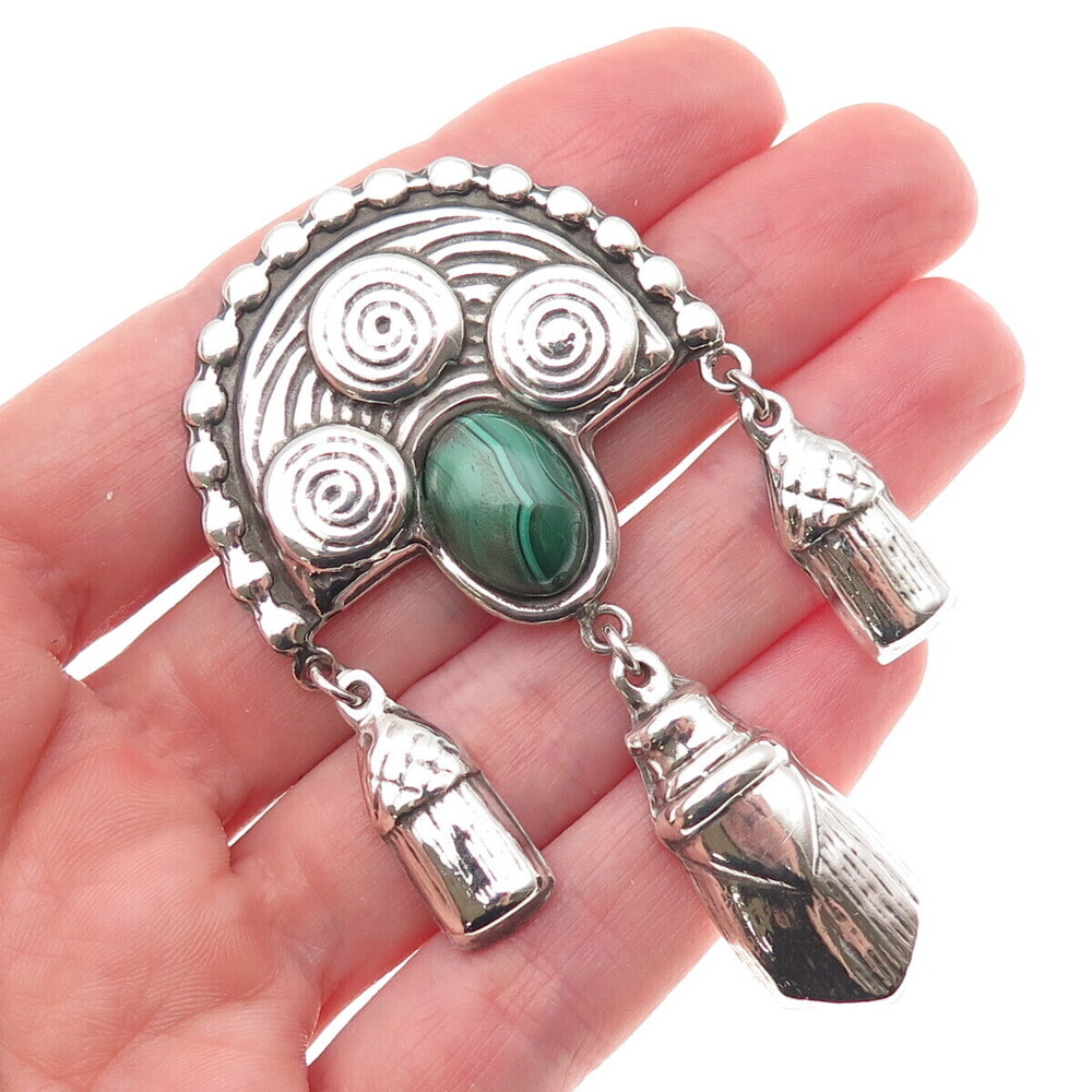 925 Sterling Silver Vintage Real Malachite Aztec Goddess Oxidized Pin Brooch
